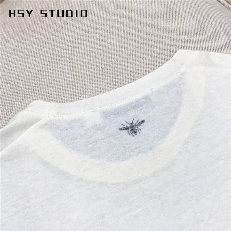 【HSY stuo】 лето тренд для женщин honeybee принт цвет вышивка буквы кисточки короткий рукав О образным вырезом из чистого хлопка футболка