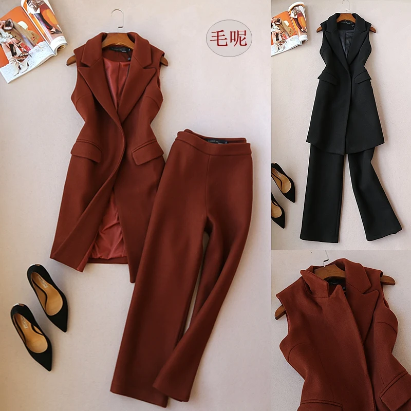 

New Women's Fashion Suit Vest Sleeveless Suit Jacket Woolen Wide Leg Pants Suit 2 Piece Outfits for Women Clothes Pants Set