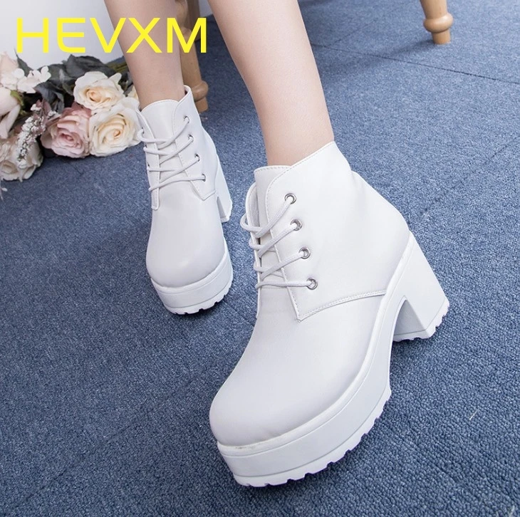 

HEVXM Free Shipping 2017 New Women Black & White Punk Rock Lace Up Platform Heels Ankle Boots Thick Heel Woman Platform Shoes