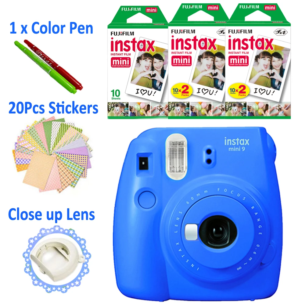 

Fujifilm Instax Mini 9 Camera Cobalt Blue + 50 Photos Fuji Instant Mini 8 White Film Paper Picture + Free 20pcs Stickers & Pen