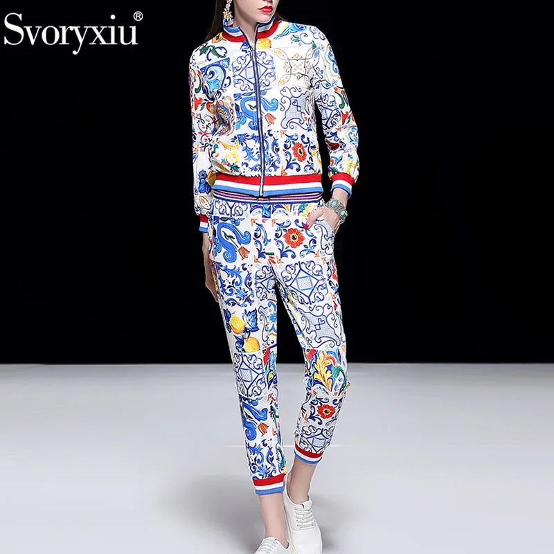 Svoryxiu 2018 Runway Autumn Winter Fashion Trousers Two Piece Set Long Sleeve Coat + Casual Pants Painted Pottery Print Suit Set Svoryxiu 2018 Runway Autumn Winter Fashion Trousers Two Piece Set Long Sleeve Coat + Casual Pants Painted Pottery Print Suit Set