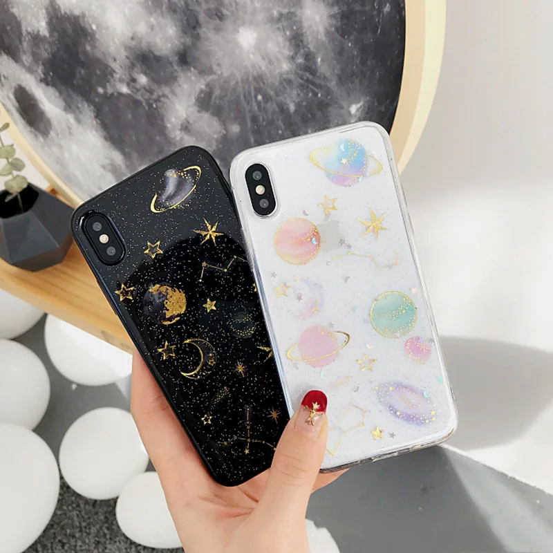 

Fashion Bling Glitter Star Moon phone Case For iphone6 6s 7 8 plus Clear Back Cover Flash powder Apple For iphone X Case Fundas