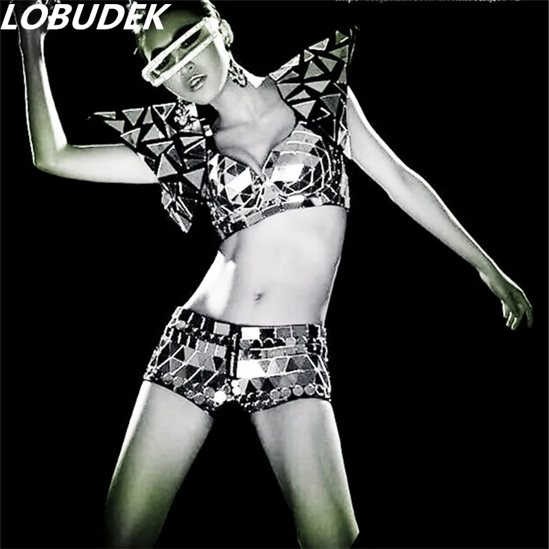 

female costumes singer dancer Hot-selling silver reflective lens material ds classic three pieces set mirror Christmas bar show