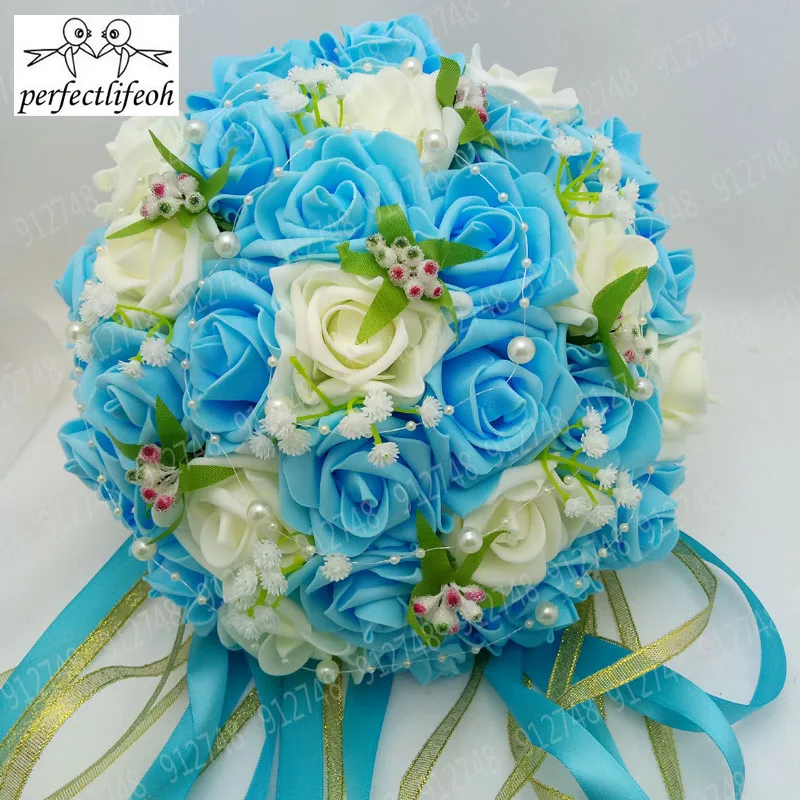 Wedding Bouquets Artificial Rose Flowers Pearls Lace Accents Ribbon