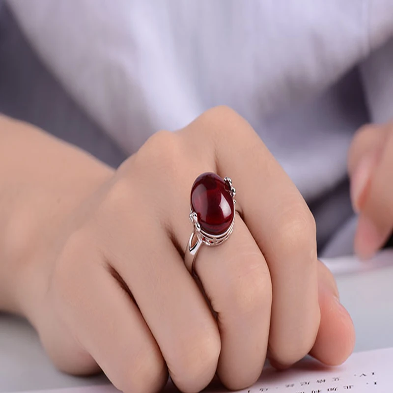 Qevila New Fashion Rings Jewelry Red Green Agate Open Ajustable Silver Wedding Engagement Rings for Women Anniversary Gift Rings (4)
