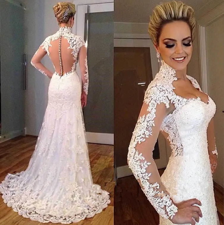

All white sheer lace long sleeve mermaid wedding dress 2015 sexy bride dresses bridal gown vestidos de noiva sereia casamento C8