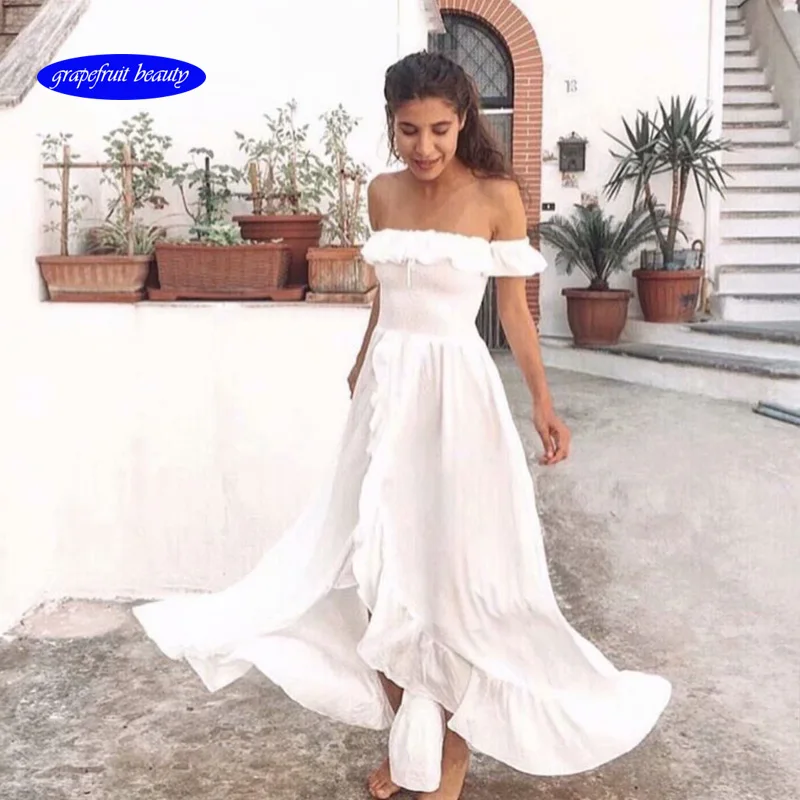 

2019 Summer New Off Shoulder Sexy Flowing Ruffled Fairy Dress Strapless Irregular Long Beach Dress su226