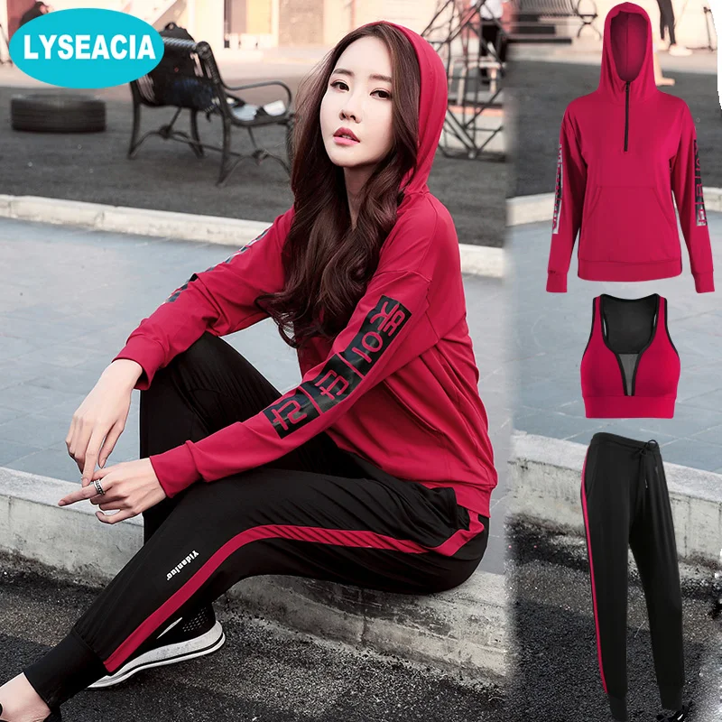 

LYSEACIA M-4XL Fitness Sports Suit 3 IN1 Yoga Set For Running Gym Seamless Sport Bra Long Sleeve Hoodies Loose Sport Pants