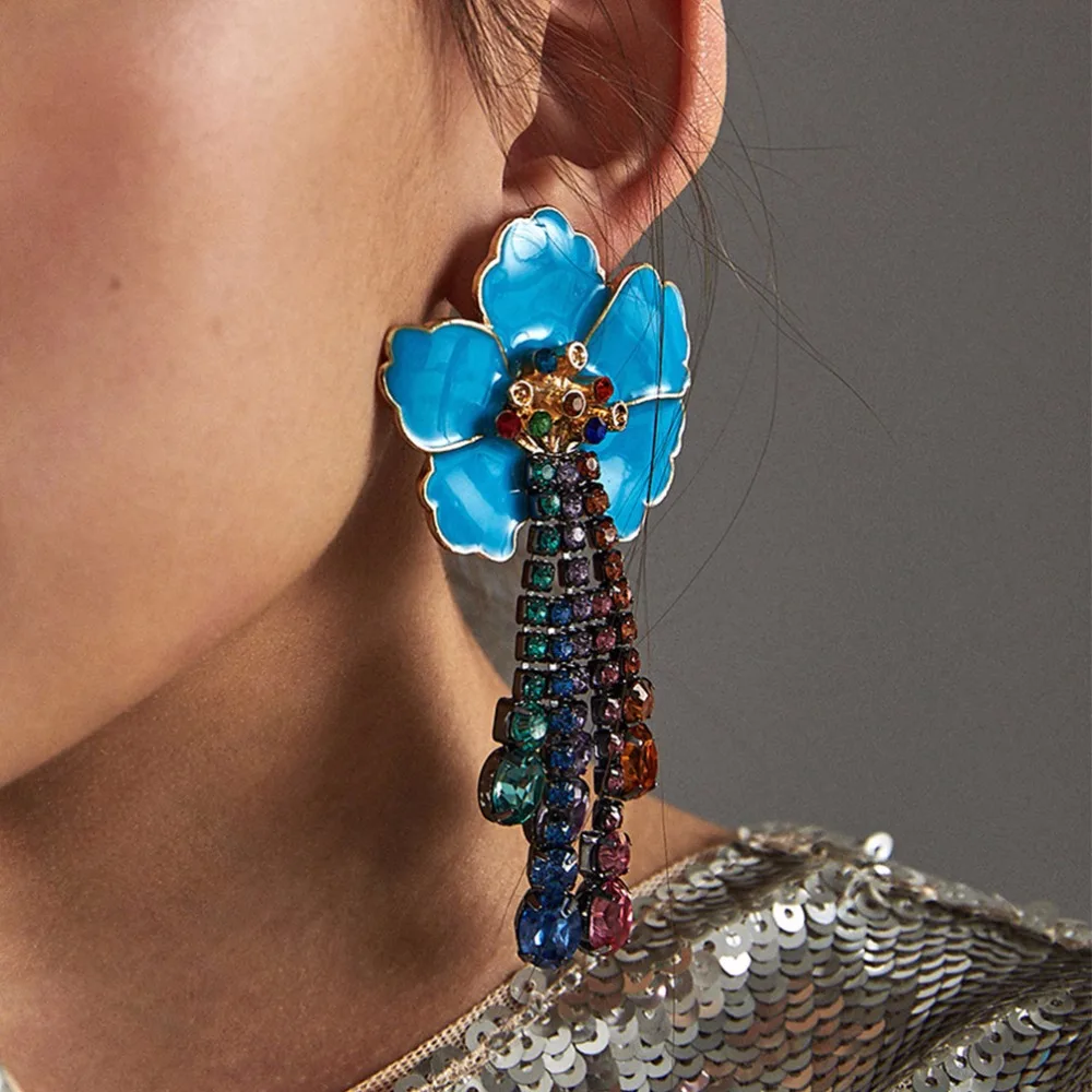 Luxury Big Flower Crystal Tassel Earrings For Women Beautiful Wedding