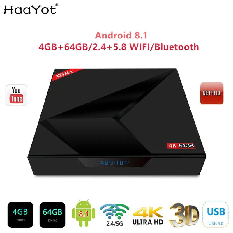 

HAAYOT X88 MAX+ 4GB 64GB Android 8.1 TV Box RK3328 Quad Core USB3.0 Smart 4K Set Top Box 2.4/5G Dual WIFI Bluetooth Media Player