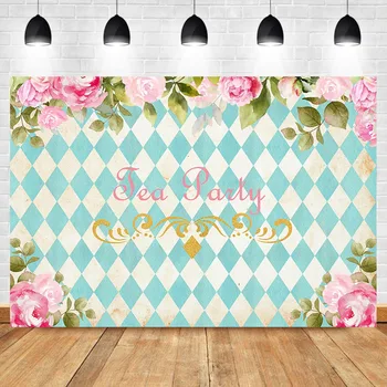 

NeoBack Tea Party Backdrop Old Retro Blue White Lattice Background Photography Flowers Photography Backdrops