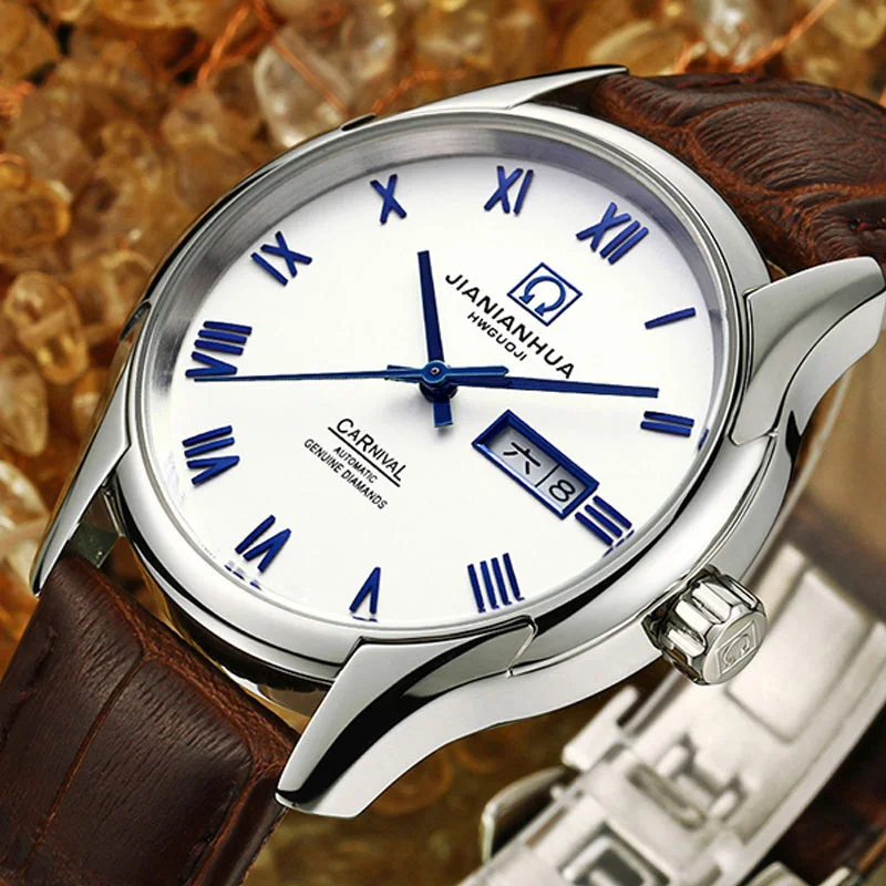 كرنفال الفاخرة العلامة التجارية الرجال الأعمال التلقائي ساعات آلية جلد طبيعي للماء ووتش مضيئة رجل ساعة reloj هومبر كرنفال الفاخرة العلامة التجارية الرجال الأعمال التلقائي ساعات آلية جلد طبيعي للماء ووتش مضيئة رجل ساعة reloj هومبر