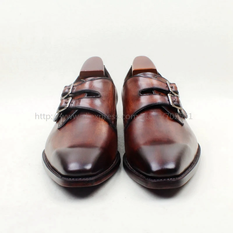 - cie Square Toe HandPainted Patina Brown Double Monk Strapls Buckle 100Genuine Calf Leather Breathable Outsole Men Shoe MS142