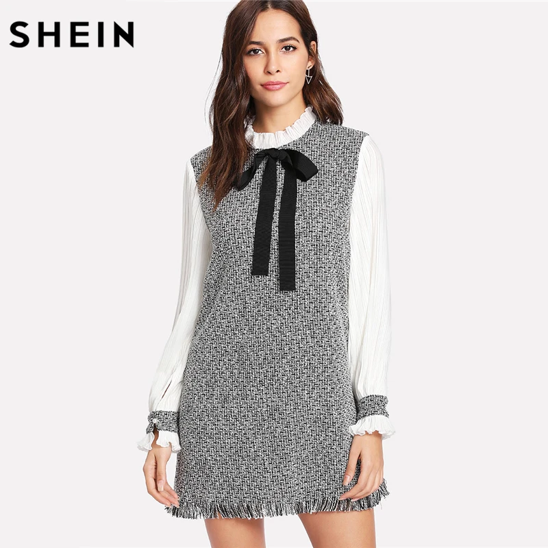 SHEIN Eleganckie Damskie Suknie Multicolor Długim Rękawem Tie Neck Tunika Sukienka Kontrast Sukienka Plisowana Rękawem Postrzępione Hem Tweed