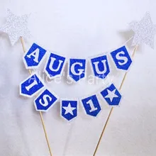 Персонализированные мальчик имя торт Топпер гирлянды-флажки Детские аксессуары для торта Флаг Пользовательские Дети 1-й Декор ко дню рождения Блестящий серебряный синий флаг