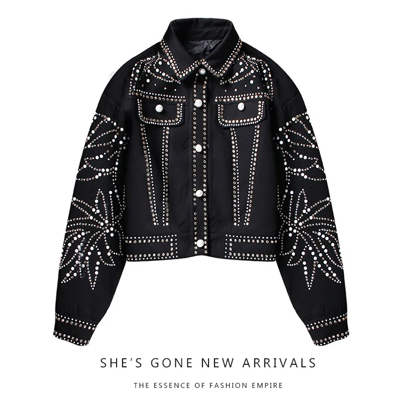 

Women Fashion Punk Gothic Streetwear Hip Hop Short Jacket Female Diamonds Beads High Quality Stage Show Costumes Coat Outerwear