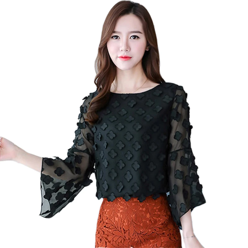 

Elegant 2017 Women Blouse Shirt Long Sleeve Autumn Chiffon Blouse Appliques Flare Sleeve Slim Chiffon Shirt Fashion Lady Blouses