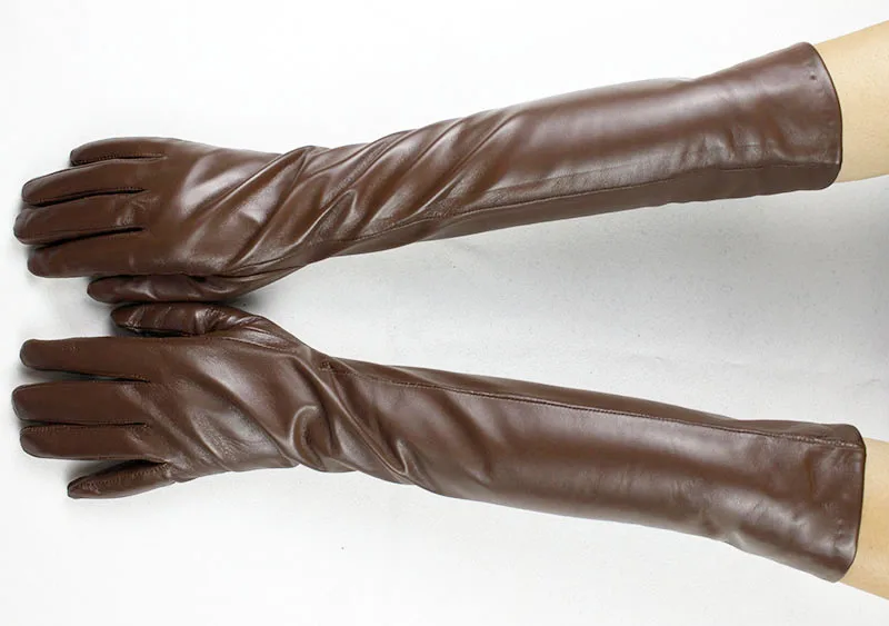 Длинные кожаные перчатки женские цветные перчатки из овчины тонкие длинные бархатные зимние теплые перчатки - Цвет: Red-brown