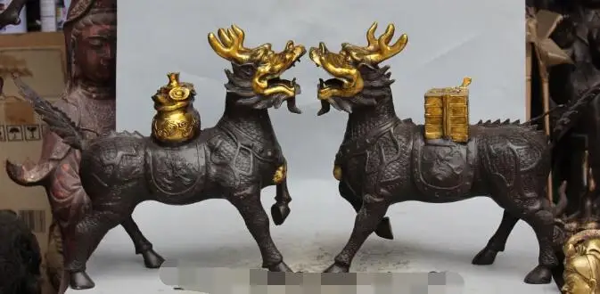 

S01403 17" Chinese Bronze Gilt Wealth Yuan Bao kylin Chi-lin unicorn Animal Pair Statue (B0413)