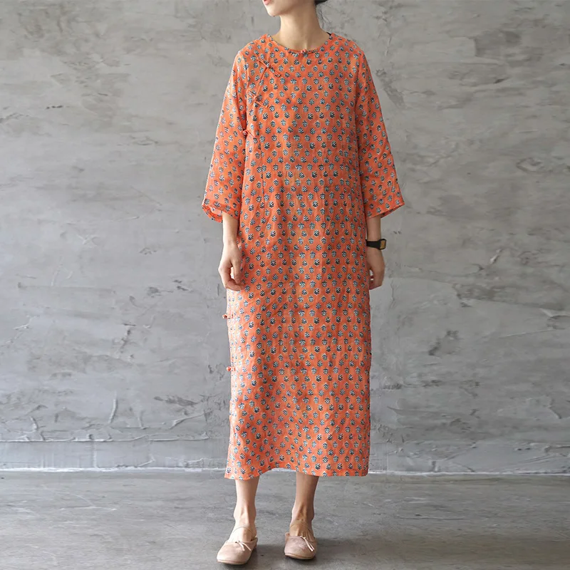 

Johnature Women Print Floral Dress Vintage Orange Cheongsam Ramie 2019 Spring New O-Neck Seven Sleeve Loose Button Dress