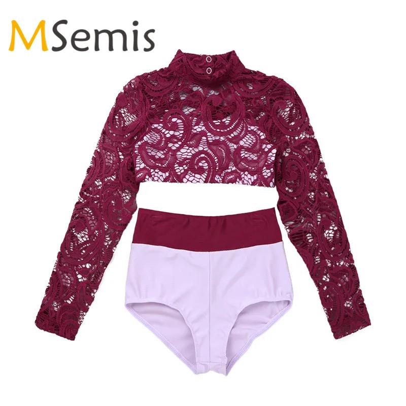 

Kids Girls Gymnastics Leotard Swimsuit for Dancing Ballet Crop Top with Briefs Mock Neck Dance Top Set for Stage Performance