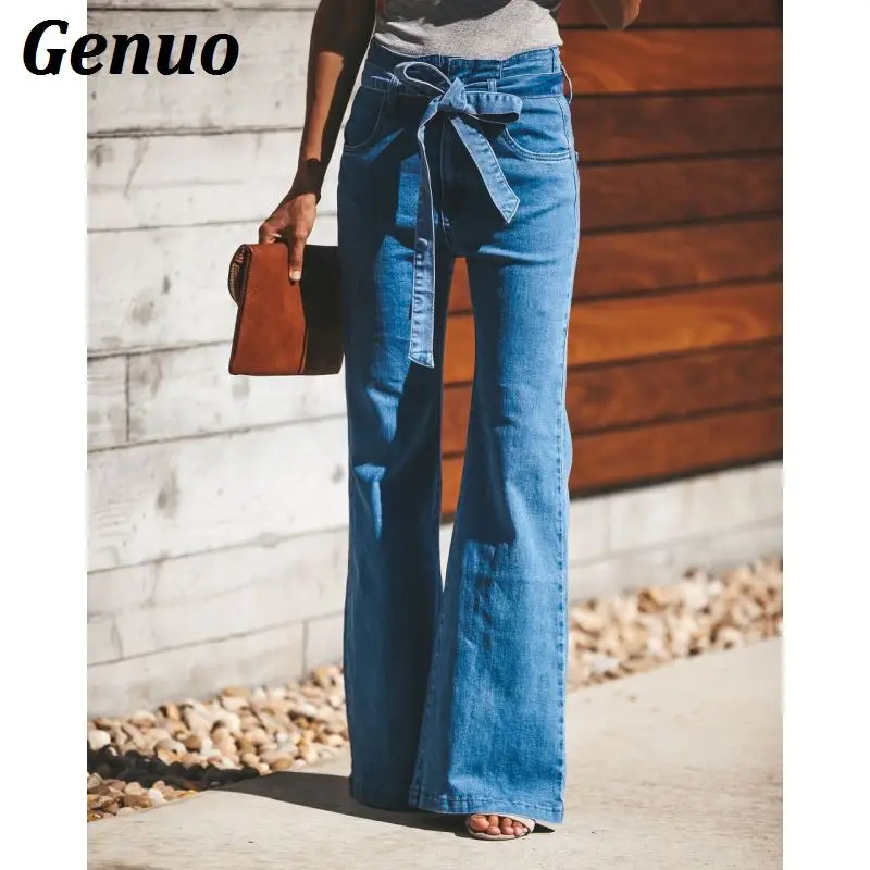 Genuo женские джинсовые брюки повседневные свободные бандажные рваные джинсы с высокой талией Mujer осенние Стрейчевые расклешенные широкие брюки - Цвет: BLue