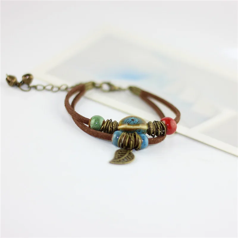 12 Pieces/lot Leaf Leather Bracelets For Women Men Ceramic Beads Charm