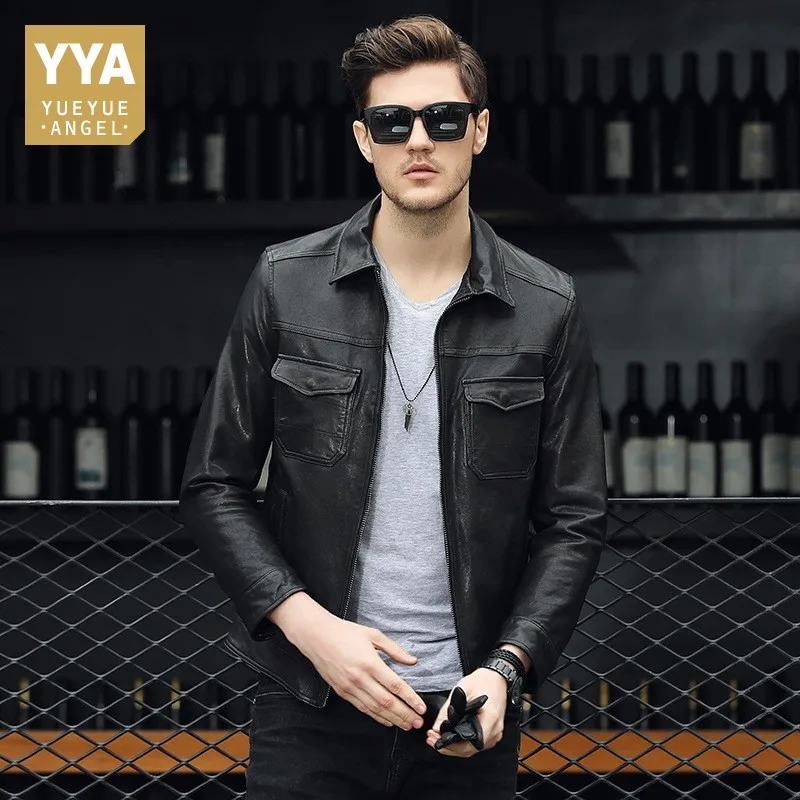 

Sheepskin Vintage Motorcycle Jackets Men Genuine Leather Fashion Zipper Black Slim Real Leather Coats Plus Size 4XL Male Jacket