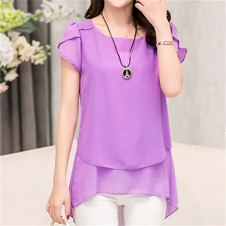 Soperwillton Новая Летняя женская блузка, свободная рубашка с круглым вырезом, шифоновая блузка, женская блузка с коротким рукавом размера плюс 5XL, Рубашки, Топы - Цвет: lavender