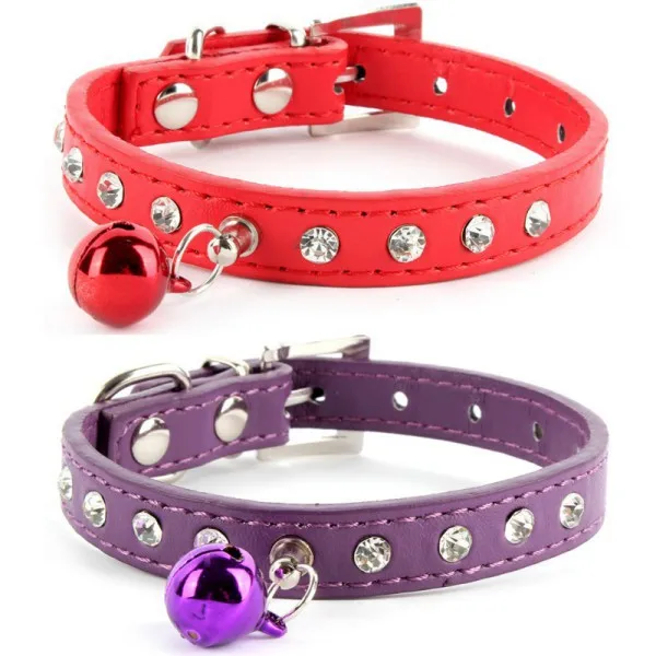 

Factory Price! 1pcs Rhinestone Crystal Dog Cat Puppy Collar PU Leather Buckle With Bell Pet Collars