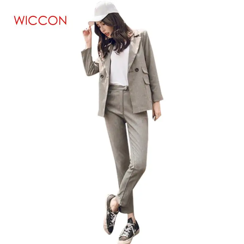

2019 Women Two Piece Sets Short Gray Solid Blazer High Waist Pant Office Lady Notched Jacket Pant Suits Korean Outfits Femme