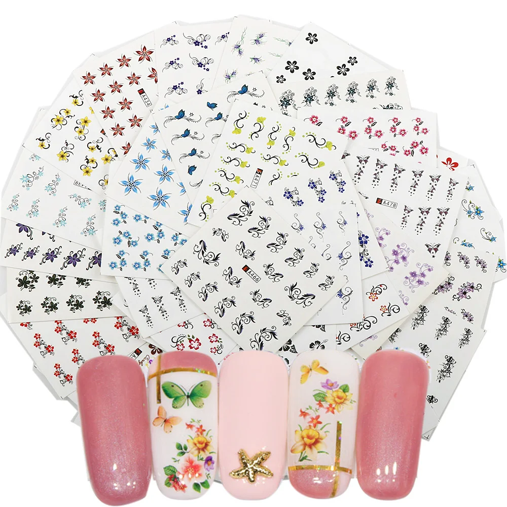 48Sheets/set Multicolor Five Petals Flowers Nail Sticker Water Transfer Stickers Manicure Nail Art Watermark Tips Random Styles