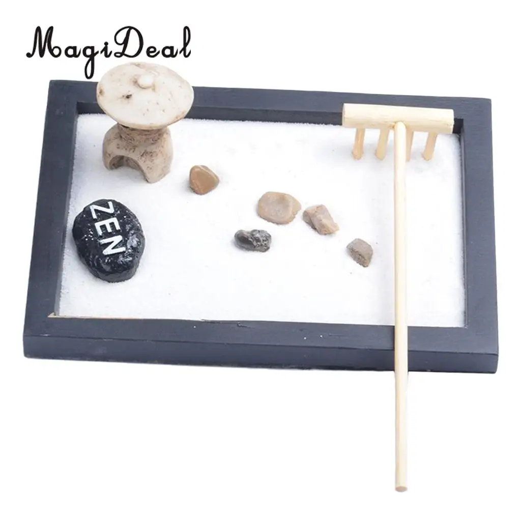 MagiDeal Japanese Zen Garden Sand Tray Buddha Stones Fengshui Meditation Landscape Ornament Home Club Pub Bar