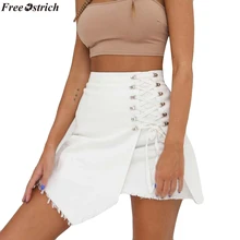 Страуса женская летняя Высокая талия деним бинты Мода девушка сексуальная форма мини юбка Liu Ding сплошной цвет юбки джинсовые с разрезом