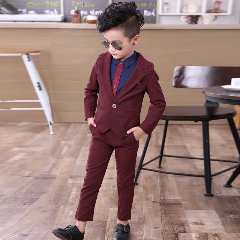 2 шт./компл.(куртка+ брюки) Новое торжественное первичный костюм для мальчиков высокое качество, Детские блейзеры, костюм тонкий и мягкий детский праздничный костюм - Цвет: wine red