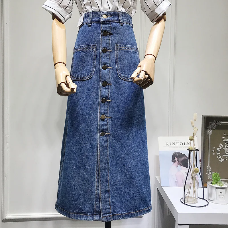 Denim Skirts Women 2018 autumn High Waist A Line Casual single breasted ...