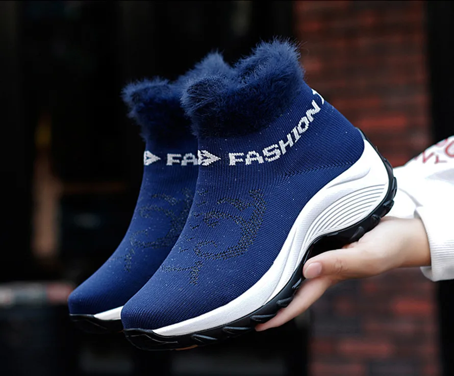 2019Winter Women Sneakers Fashion Platform Wedges Shoes Woman Slip-on Snow Boots Ladies Warm Fur Sock Boots Shoes Big Size 41 42