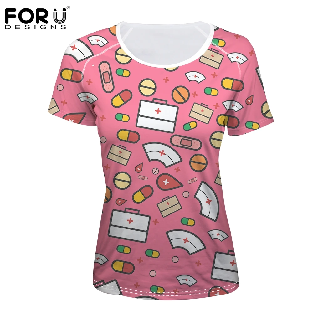 

FORUDESIGNS Women's T shirt Brand Designer Nurse Pattern Summer Tops for Women 2018 Ropa Mujer Bodybuilding Girls Tee T-shirt