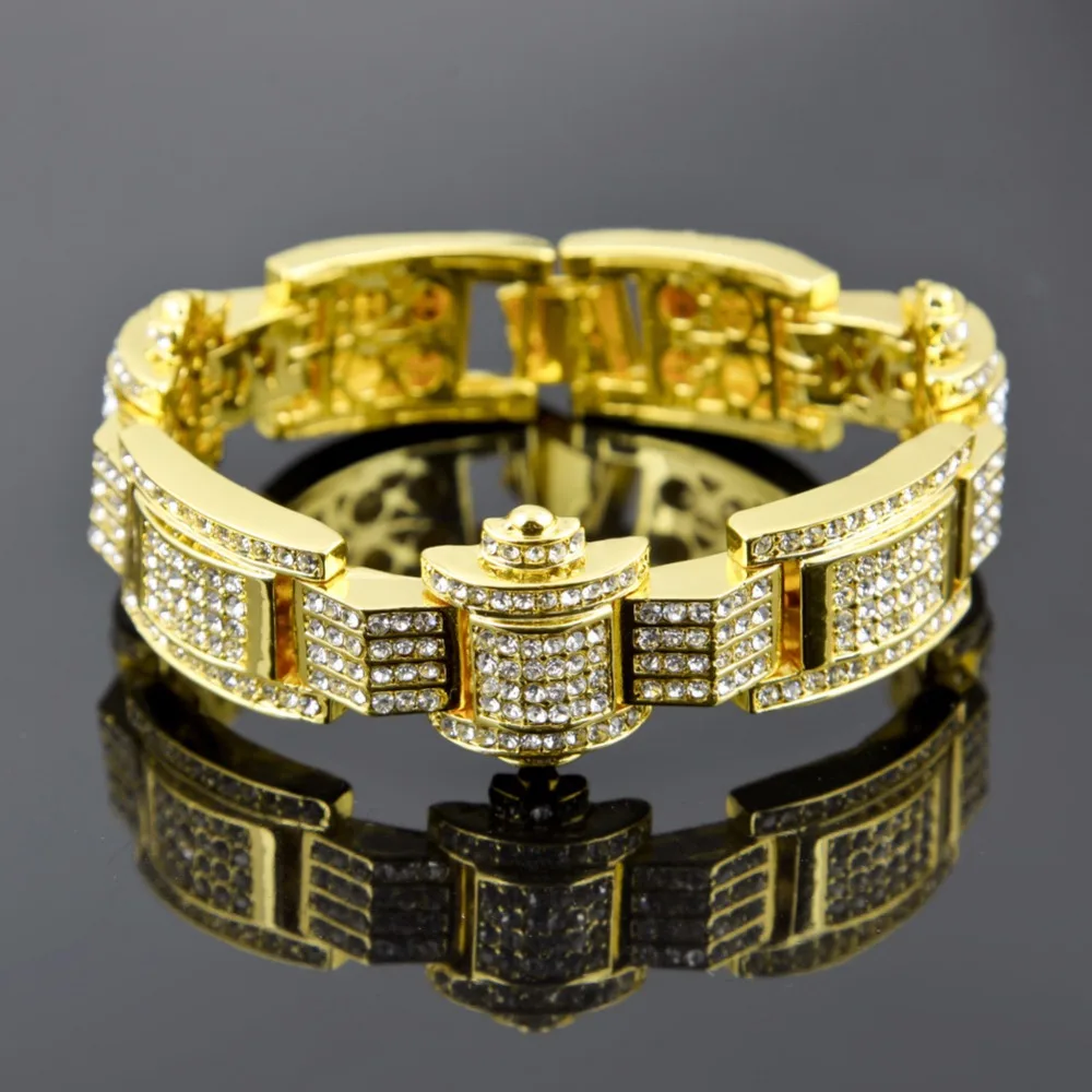 

Men's Iced out 3cm Wide bracelet AAA Rhinestone Crystal Gold Silver color bracelets For male Hip Hop Jewelry Gift