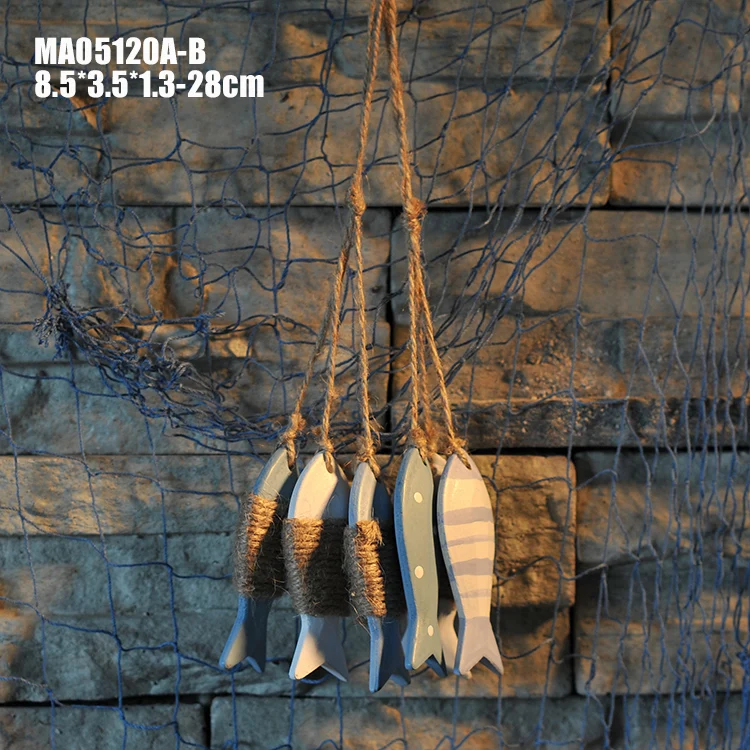 3 Pcs Mediterranean Wooden fish decorative nets Blue Nautical Sea Figurines Home Decor