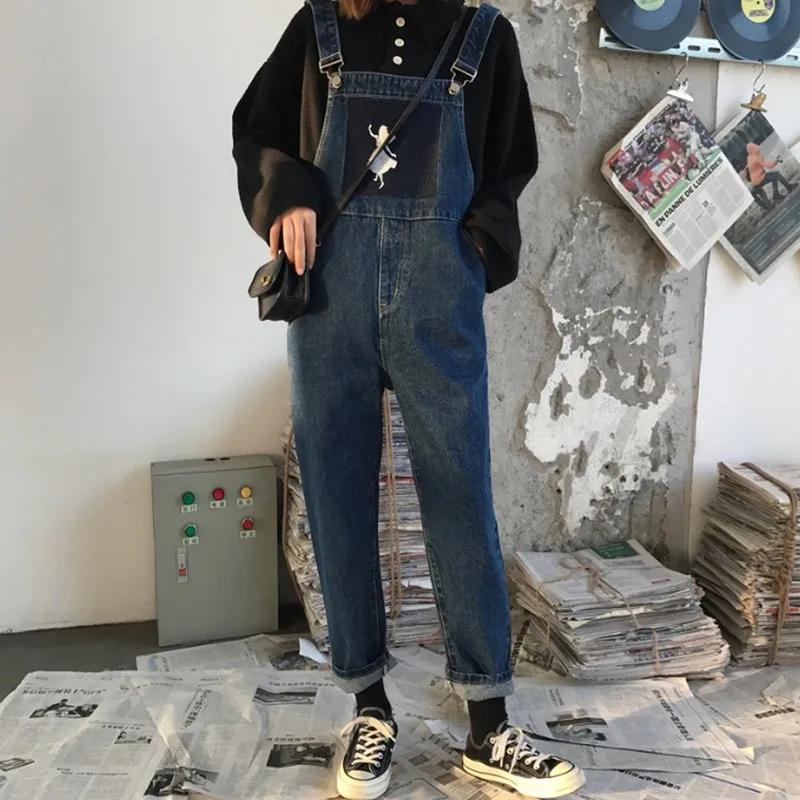 

Spring Autumn Contrast Print Denim Jumpsuits Women Vintage Fashion New Jean Overalls for Women Loose Long Pants Women Jumpsuit