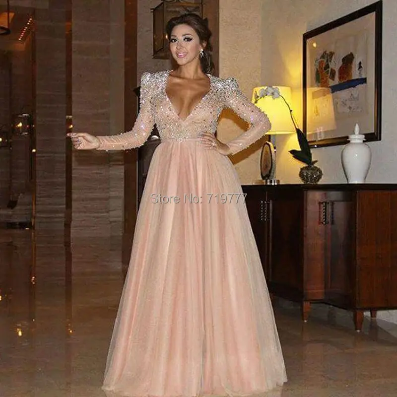 Long sleeve v neck evening gowns 2016