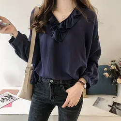 Корейский рюшами свободные Для женщин топы v-образным вырезом Повседневное длинный рукав дешевая одежда Китай Chic рубашка для женщин;