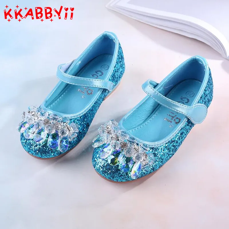 

Princess Kids Leather Shoes For Girls Rhinestone Casual Glitter Children High Heel Girls Shoes Butterfly Knot Blue Pink Silver