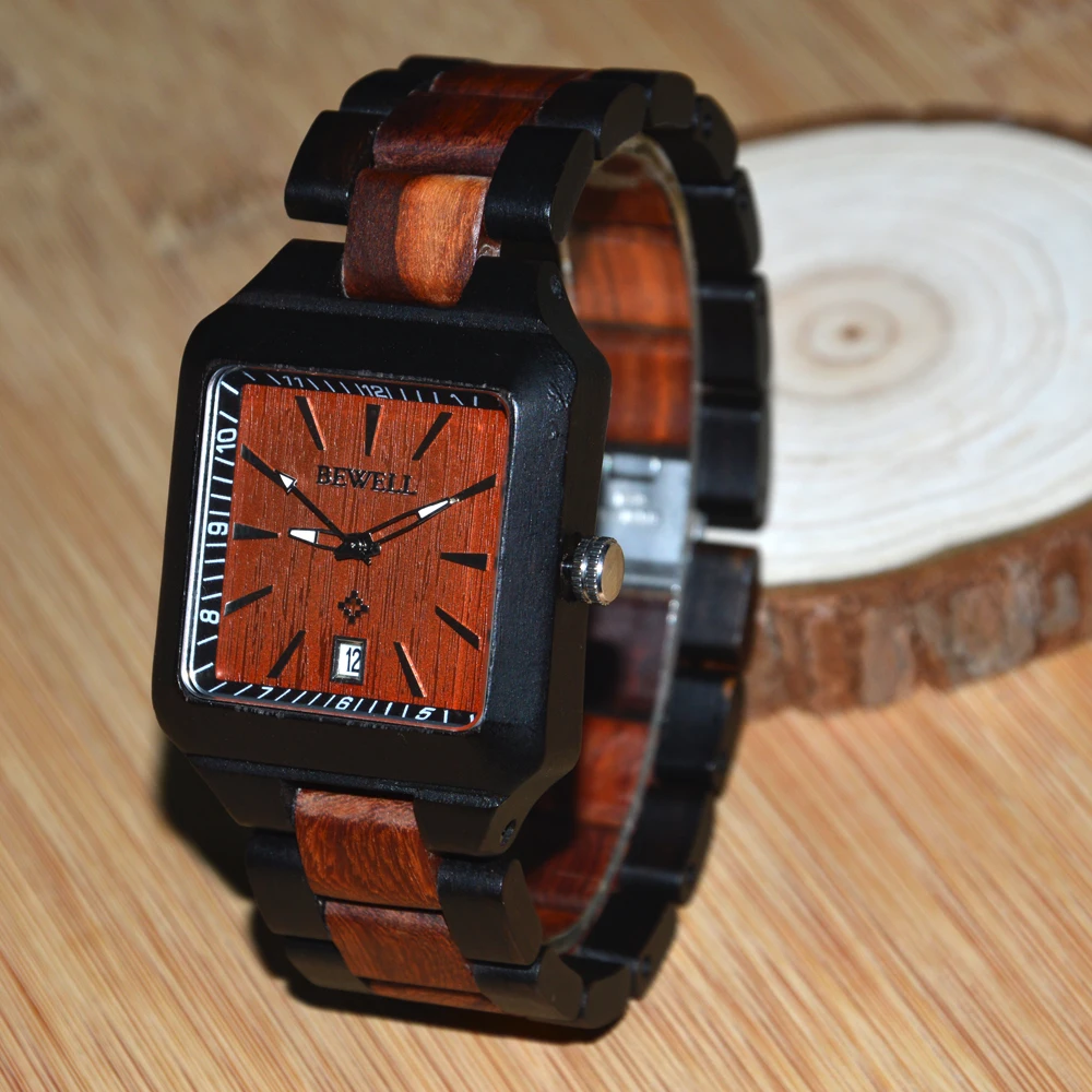 BEWELL Wood Watch Maple Wood Quartz Watch Square Dress Wrist watch Full Wood with Calendar Daily