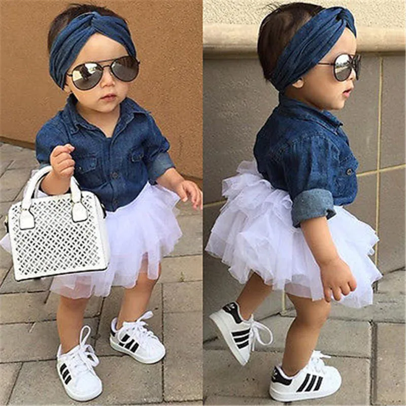 

Kids Baby Girl Denim Long Sleeve Tops Shirt+Tutu Skirts 3pcs Outfits Set