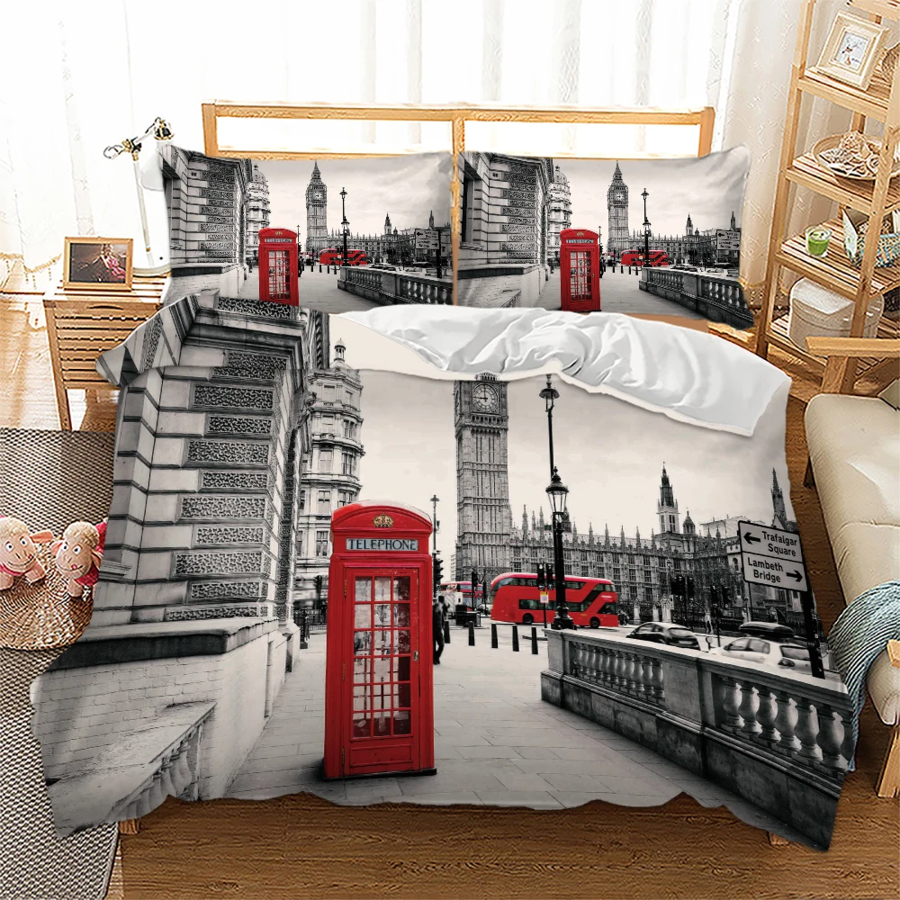 

City View of London Retro Duvet Cover Set 3D Buildings Printed Gray Microfiber Bedding Set 3 Pieces with 2 Pillow Sham for Girls
