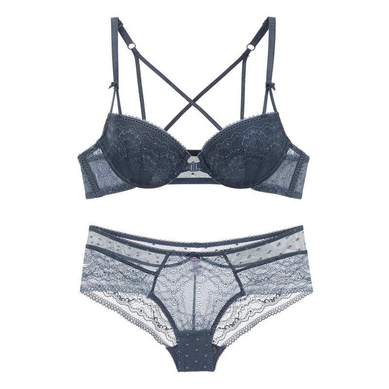 

Bra & Brief Sets Sexy Lace Front Closure Set Underwear Underwire Cross Strap Backless Bra with Push Up Women Lingerie 2019 New