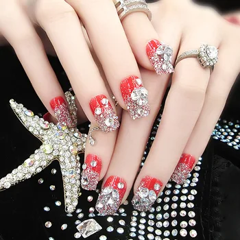

24PCS Finished product nail big red dazzling gem The bride nail strips (Contains no glue)