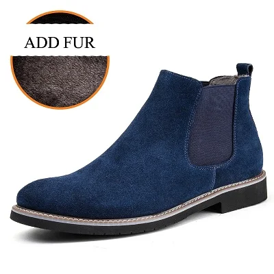 YATNTNPY/обувь из натуральной замши мужские короткие ботинки для мужчин ботинки челси без шнуровки теплые зимние мужские оксфорды с мехом внутри - Цвет: Blue Fur